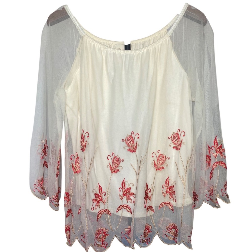 Chicos Cream Mesh Floral Embroidered Blouse Red Gold Scalloped Hem Size 1 Medium